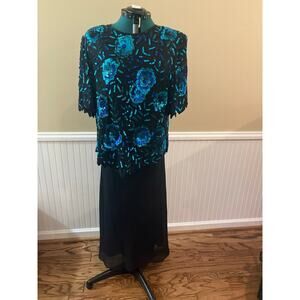 Women’s 1X Blue and Black Vintage Beaded Blouse EUC